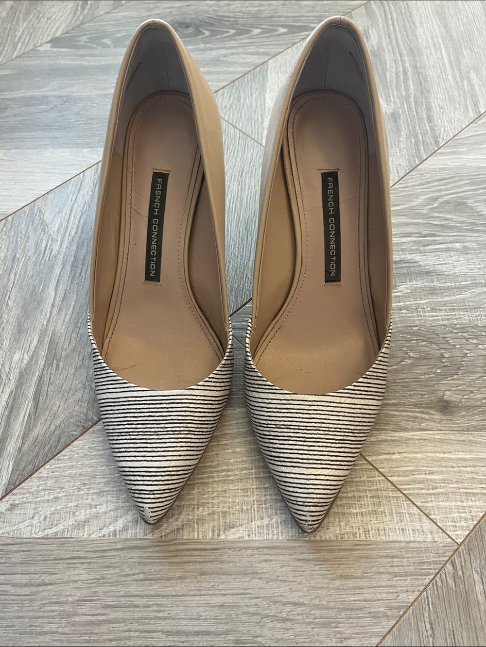 French Connection Beige and Black Striped Pointed-Toe Pumps